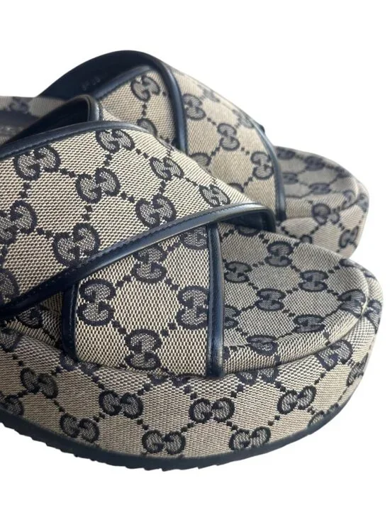 Gucci GG Canvas Platform Sandals Beige/Black Womens Size 36 Made In Italy - Picture 5 of 15
